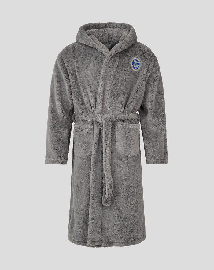 Grey plush infant dressing gown with hood and belt tied at the waist and a Bath Rugby crest on the chest.