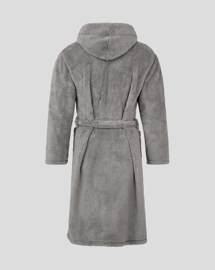 Back view of a grey plush infant dressing gown with hood and a tied belt.
