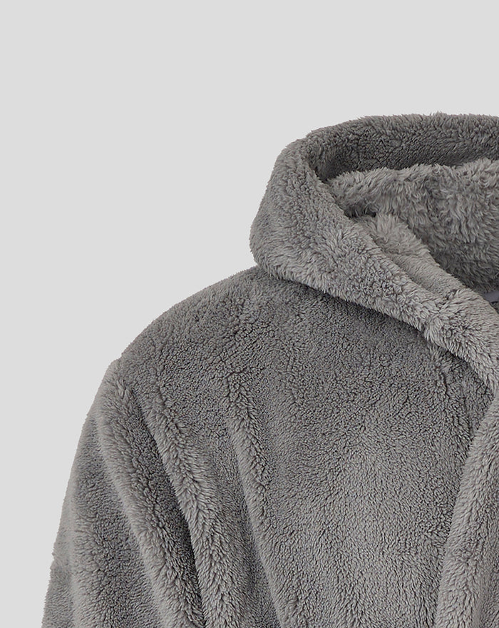 Gray fluffy infant dressing gown with a soft fleece texture and hood